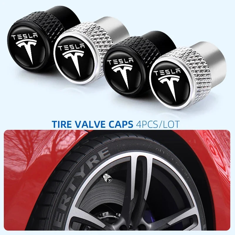4Pcs Aluminum Tire Valve Caps | Tesla Model 3 Y X Roadster Car Accessories close-up view
