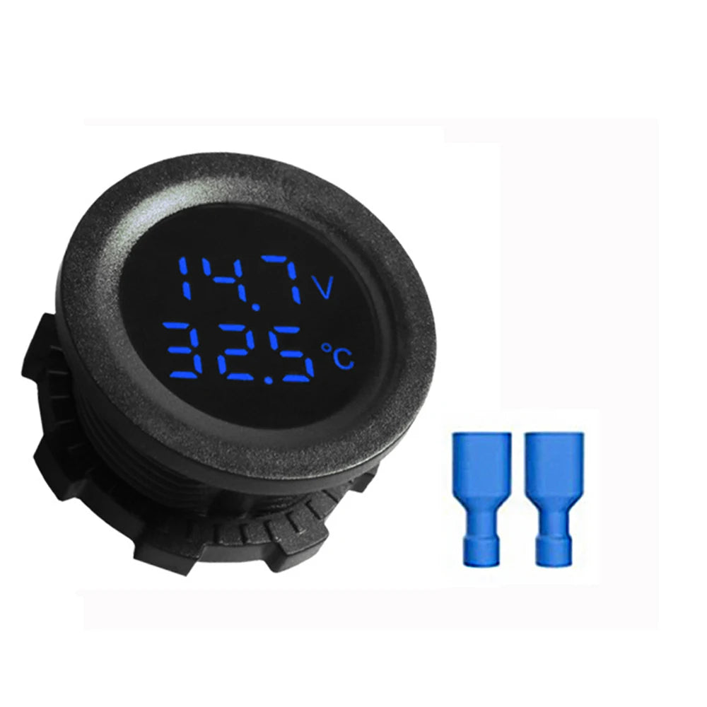 Car Round Temperature Voltmeter 12-24V Auto Voltage Meter Display Digital Measurement for Car Motorcycle Boat Thermometer