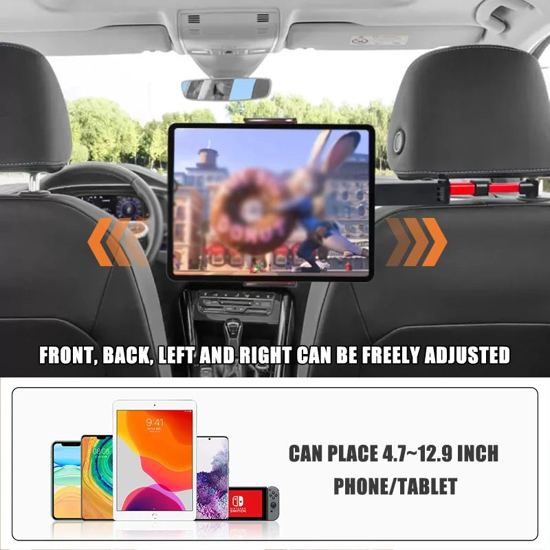Telescopic Car Seat Headrest Phone Tablet Holder | 360 Degree Rotating Backrest Mount close-up view