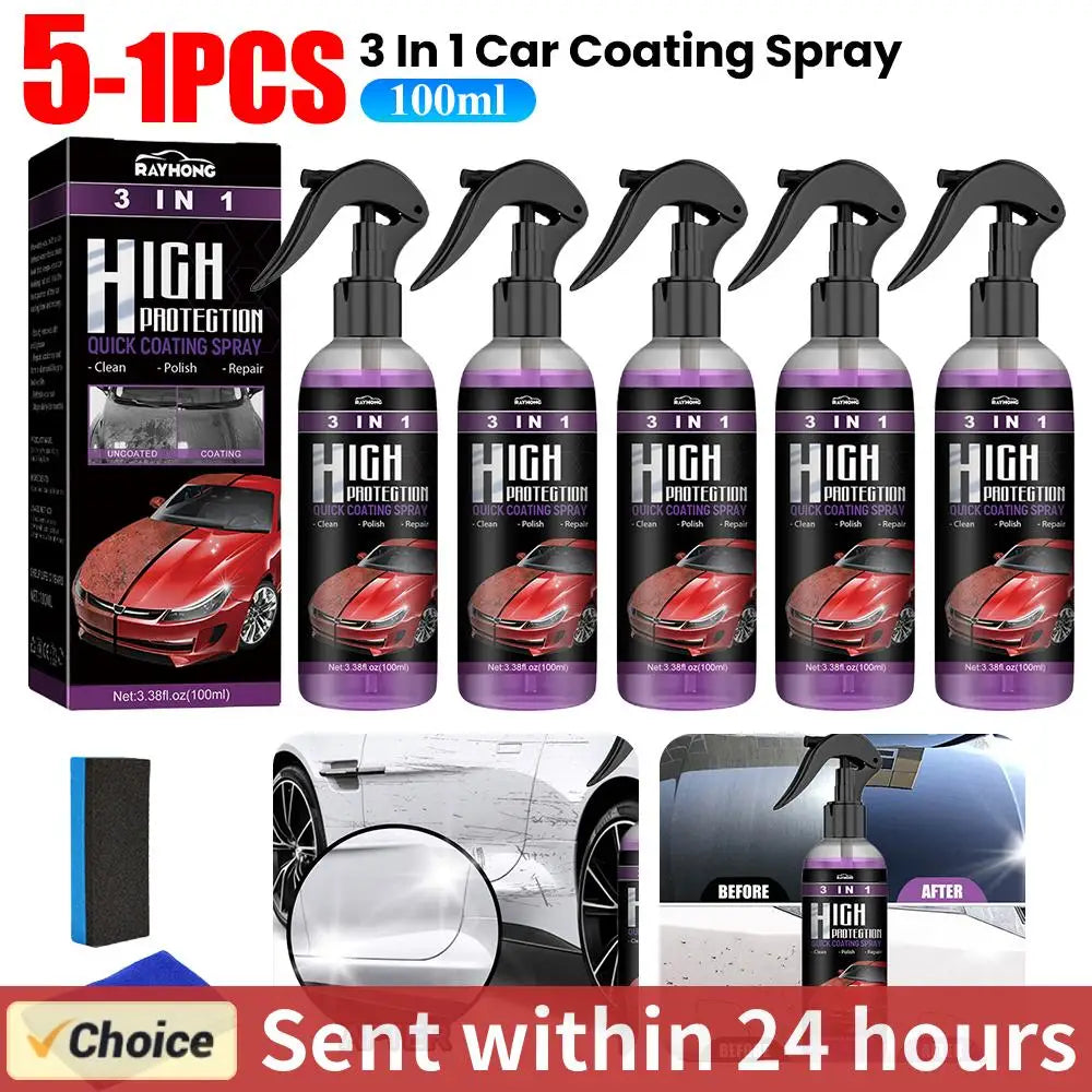 3 in 1 Rapid Ceramic Coating Car Wax Polish Spray | Hydrophobic Gloss Shine for Paint, Glass & Wheel