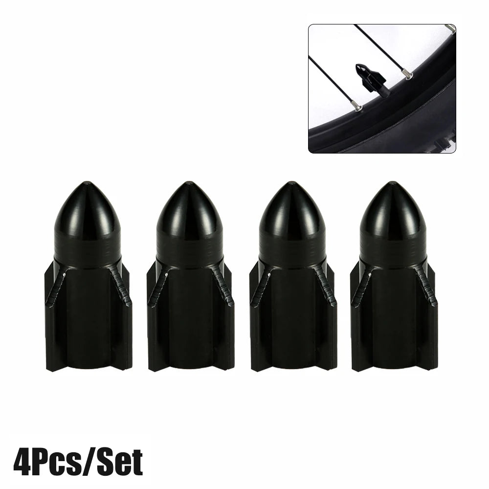 Aluminum Rocket Tire Valve Caps Set of 4 | Car and Motorcycle Alloy Valve Stem Covers lifestyle view