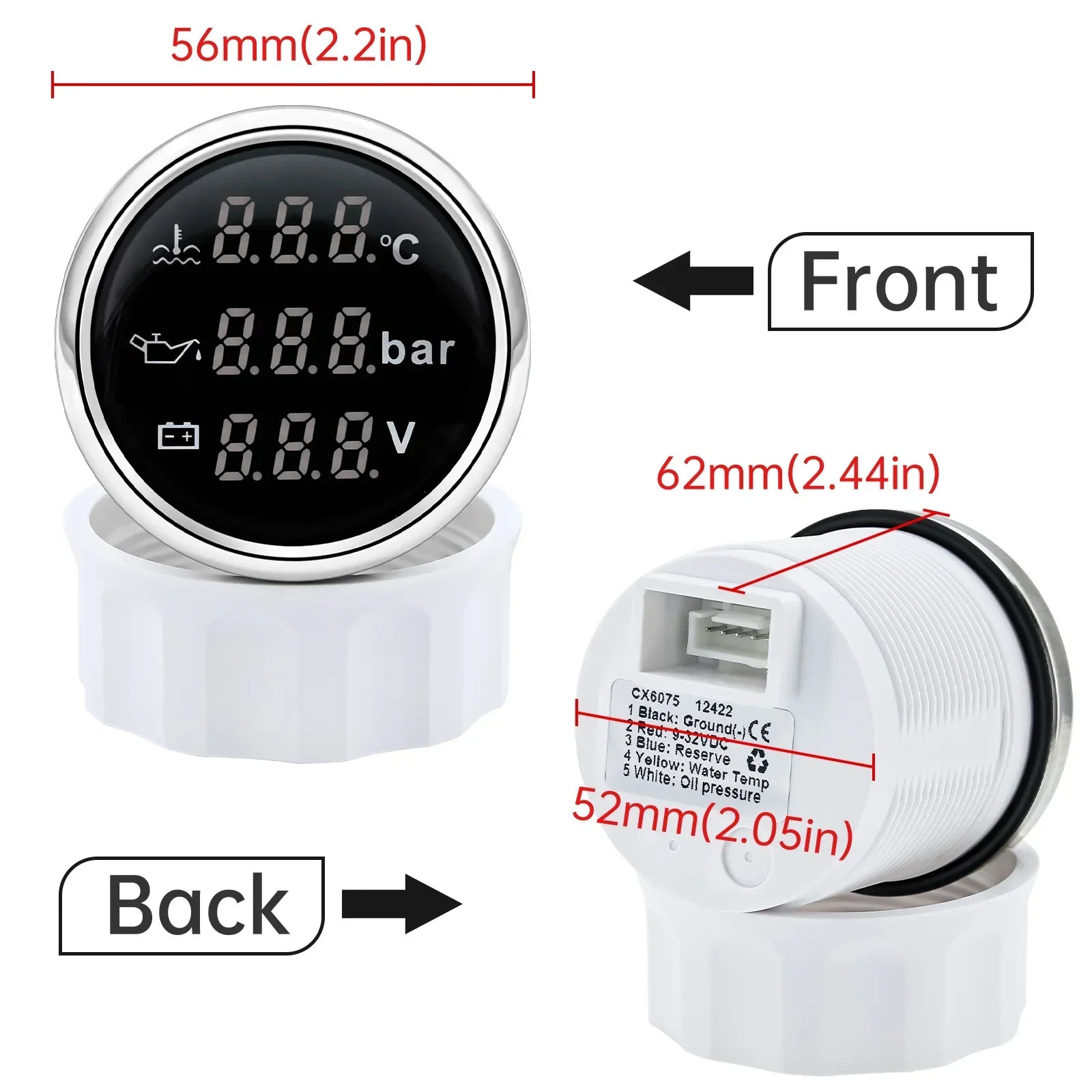 3 in 1 Car Gauge Water Temperature Oil Pressure Voltmeter 52mm Digital Red Backlight | W detail view