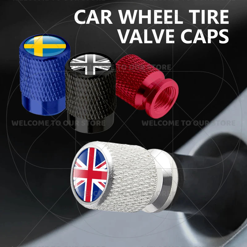 For Sweden Swedish Flag Union Jack Britain Flag Emblem 4Pcs Aluminum Motorcycle Car Tire Valve Caps