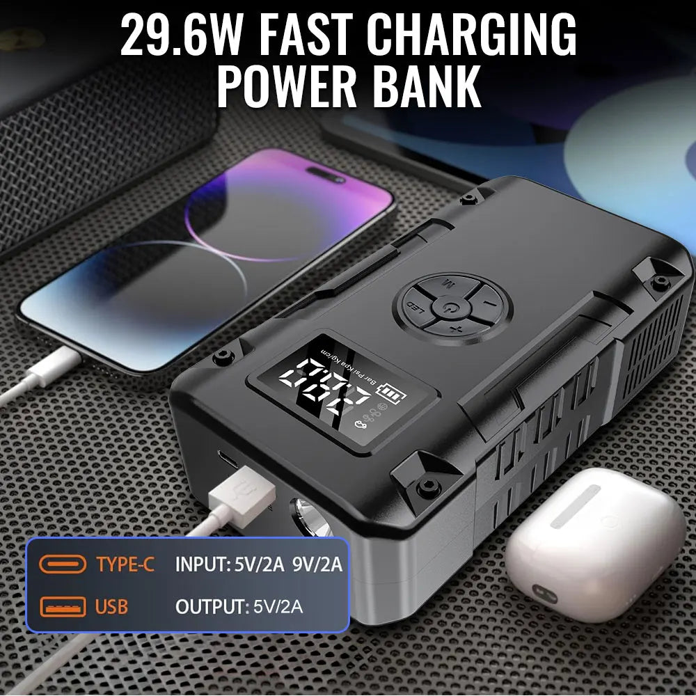 Car Jump Starter Battery Start Up Starting Power Repair Tools Tire Inflation Pump Automobile Emergency Clip 8000mAh For SUV RV Truck Motorcycle Universal Auto Accessories