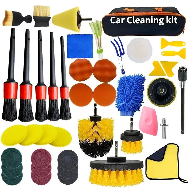 New Car Cleaning Kit Scrubber Drill Detailing Brush Set Air Conditioner Vents Towel Po close-up view