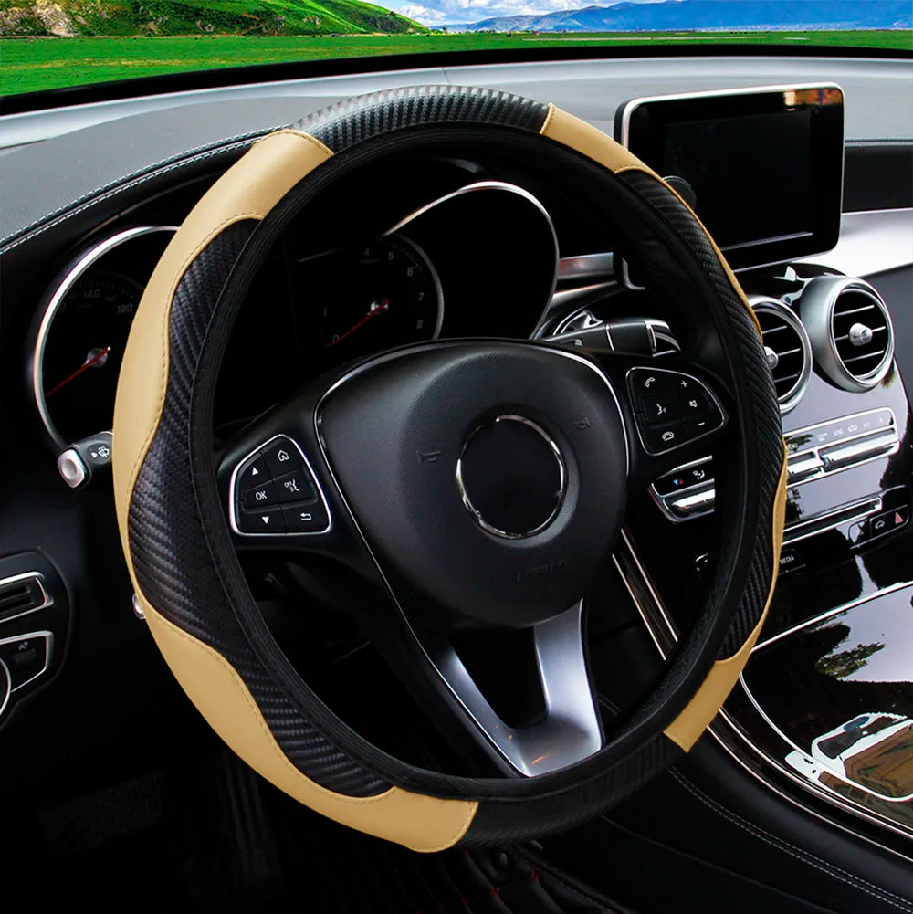 PU Carbon Fiber Leather Car Steering Wheel Cover without Inner Ring Suitable for 14.5 lifestyle view