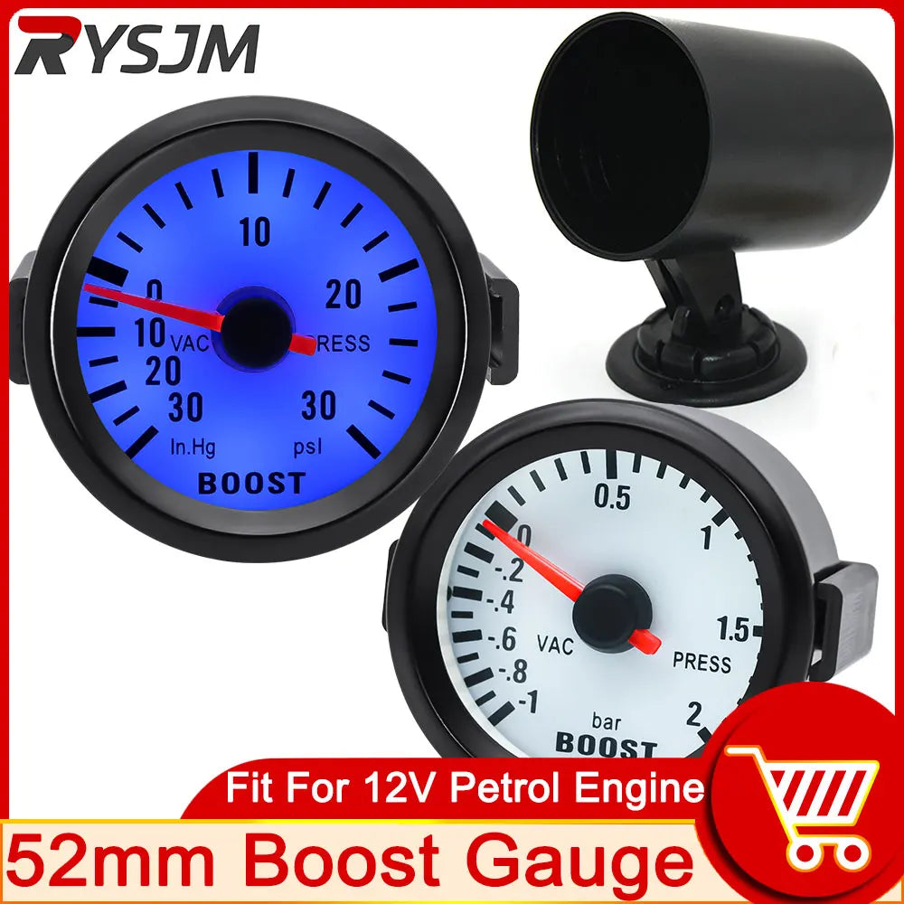 AD Universal 52mm Bar Blue Led Light Pressure Turbo Boost Gauge Meter With Sensor, Holder 12V Boost