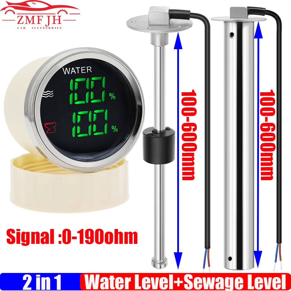 Digital Dual Gauge with Alarm 0-190ohm 52mm | Water Level and Sewage Level Meter for Marine and Vehi