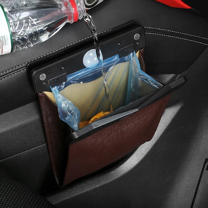 Car Trash Can Hanging Garbage Bin Pu Leather Foldable