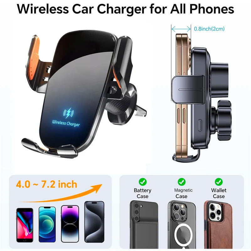 UYUXIO Manual Clamp Wireless Car Charger | 15W Fast Charging Air Vent Mount for iPh additional angle