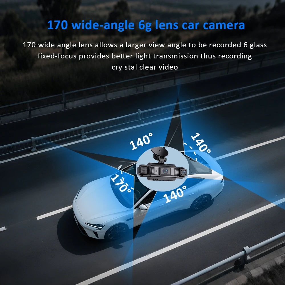 ZKCAMSPY 360° Dash Cam 1080P Front 720P Rear 480P Right Side, 3.16" 4-Split Screen, 4 Lens/3 Lens, Super Night Vision, 24H Parking Monitor, G-Sensor, Loop Recording, Car DVR Recorder with 12-24V Car Plugs, Optional No-card
