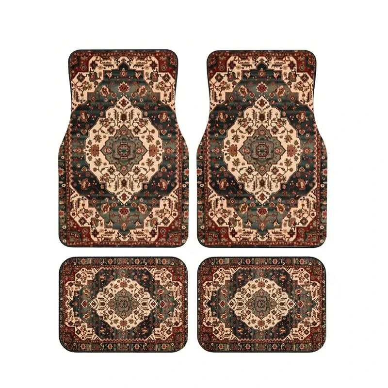 Red Bohemian Paisley Print Car Floor Mats 4Pcs Universal Anti-Slip Auto Carpet Interio close-up view