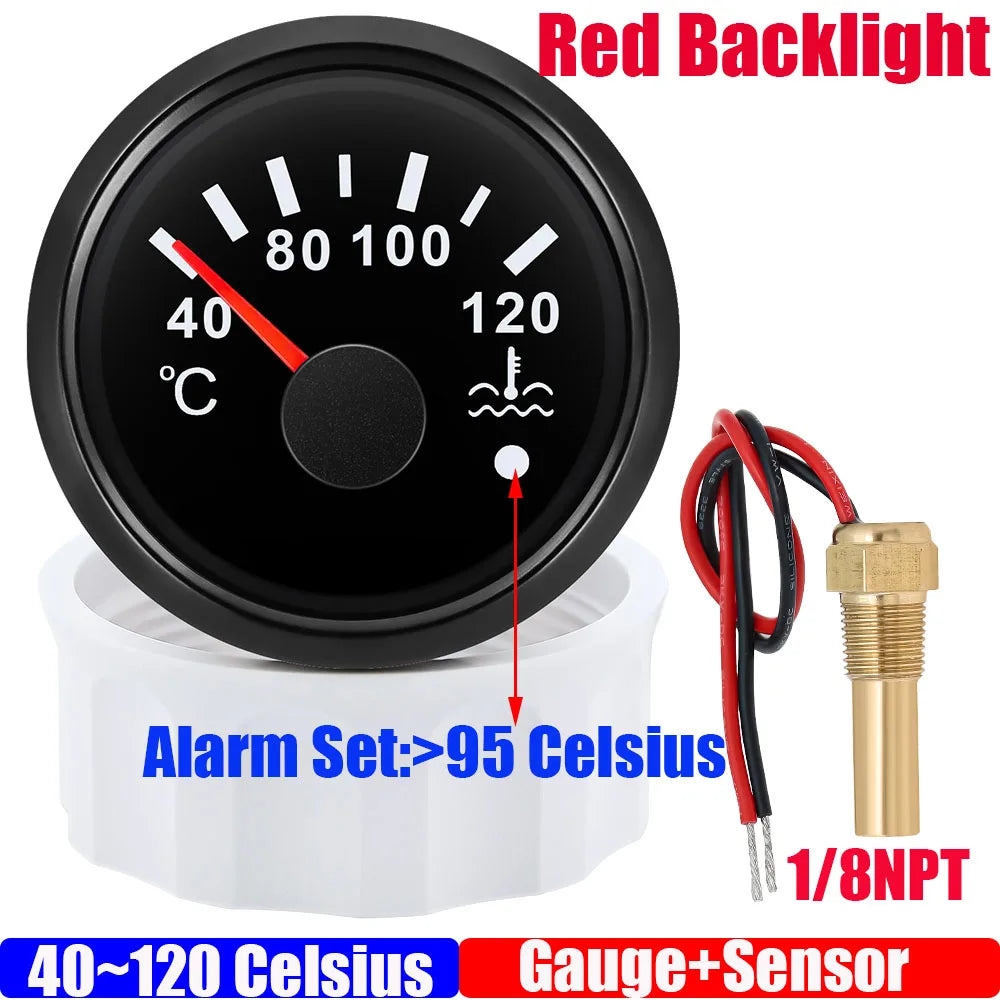 52mm Water Temperature Gauge with Flash Alarm | 40-120℃ Red LED Water Temp Meter for Car Boat 12V 24