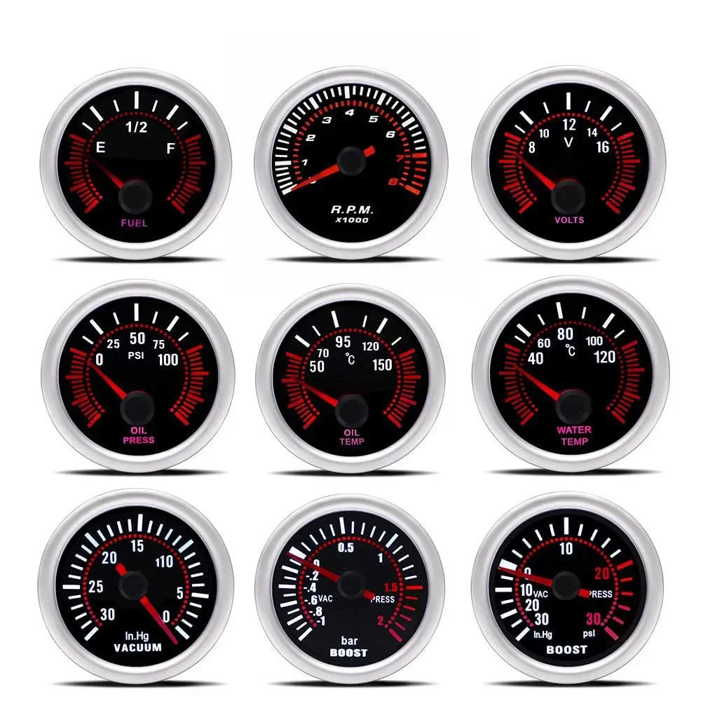 52mm Car Gauge Set | 12V Universal Tachometer Boost Meter Water Temp Oil Temp Oil Pressure Vacuum Vo