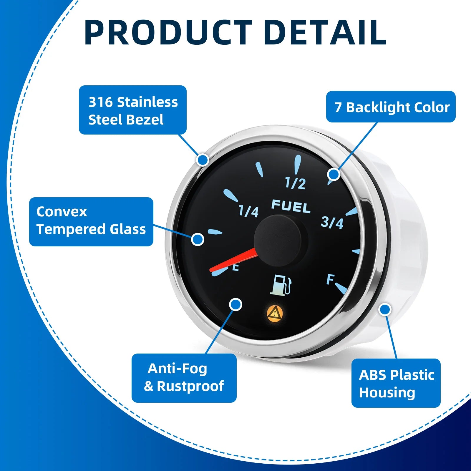52mm Fuel Level Gauge 7 Color Backlight | 0-190ohm 240-33ohm Car Truck Boat detail view