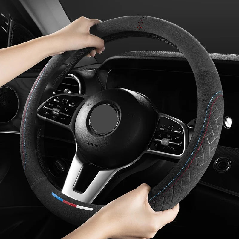 Car steering wheel cover embossed anti slip plush suede, sweat absorbing ultra-thin all season unive