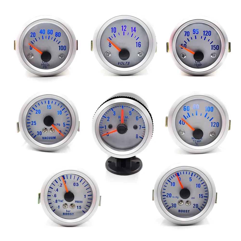 52mm 7-in-1 Car Gauge Set | LED Boost, Water Temp, Oil Pressure & Tachometer