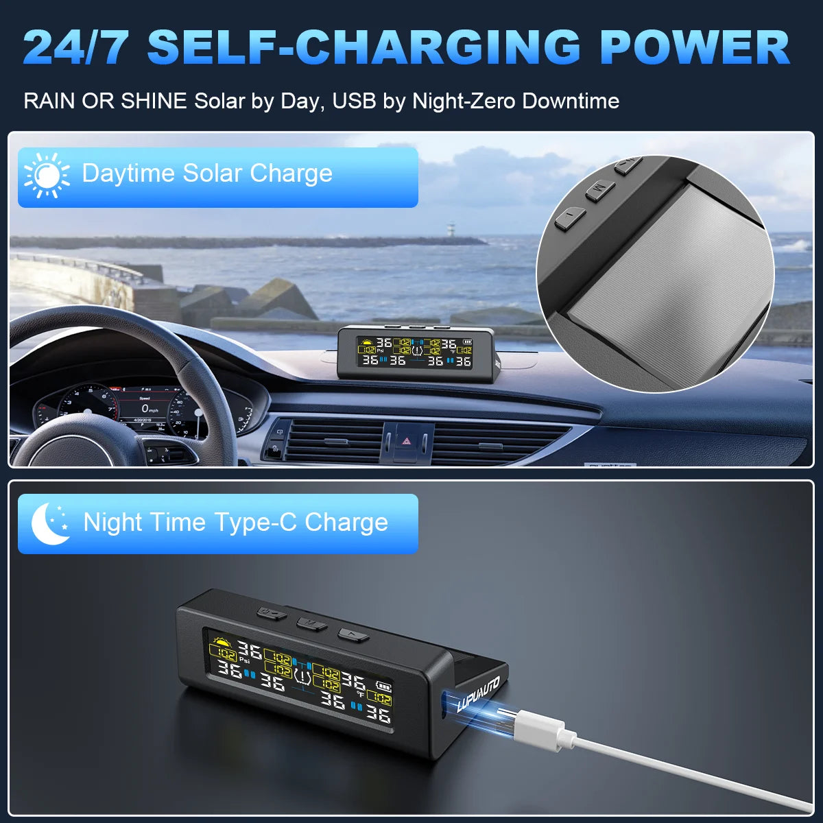 T20 USB/Solar Charging TPMS Car Tyre Monitor with 4 or 6 External Temperature Sensors Digital LCD Display 0-9.9Bar Tire Pressure Gauge Universal Smart 433.92MHz Auto Security Alarm