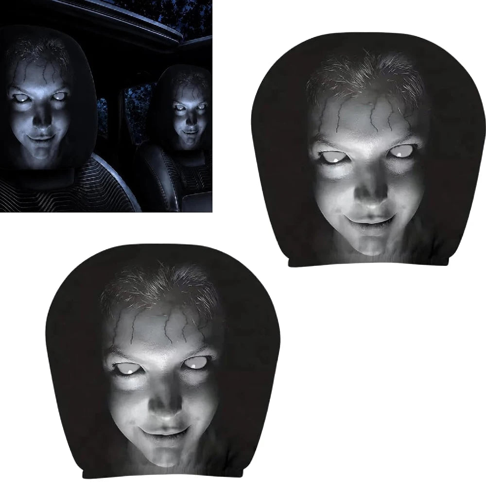 2PCS Generic Car Headrest Covers with Funny Smiley Face Design, Black Elastic Fabric, Un detail view