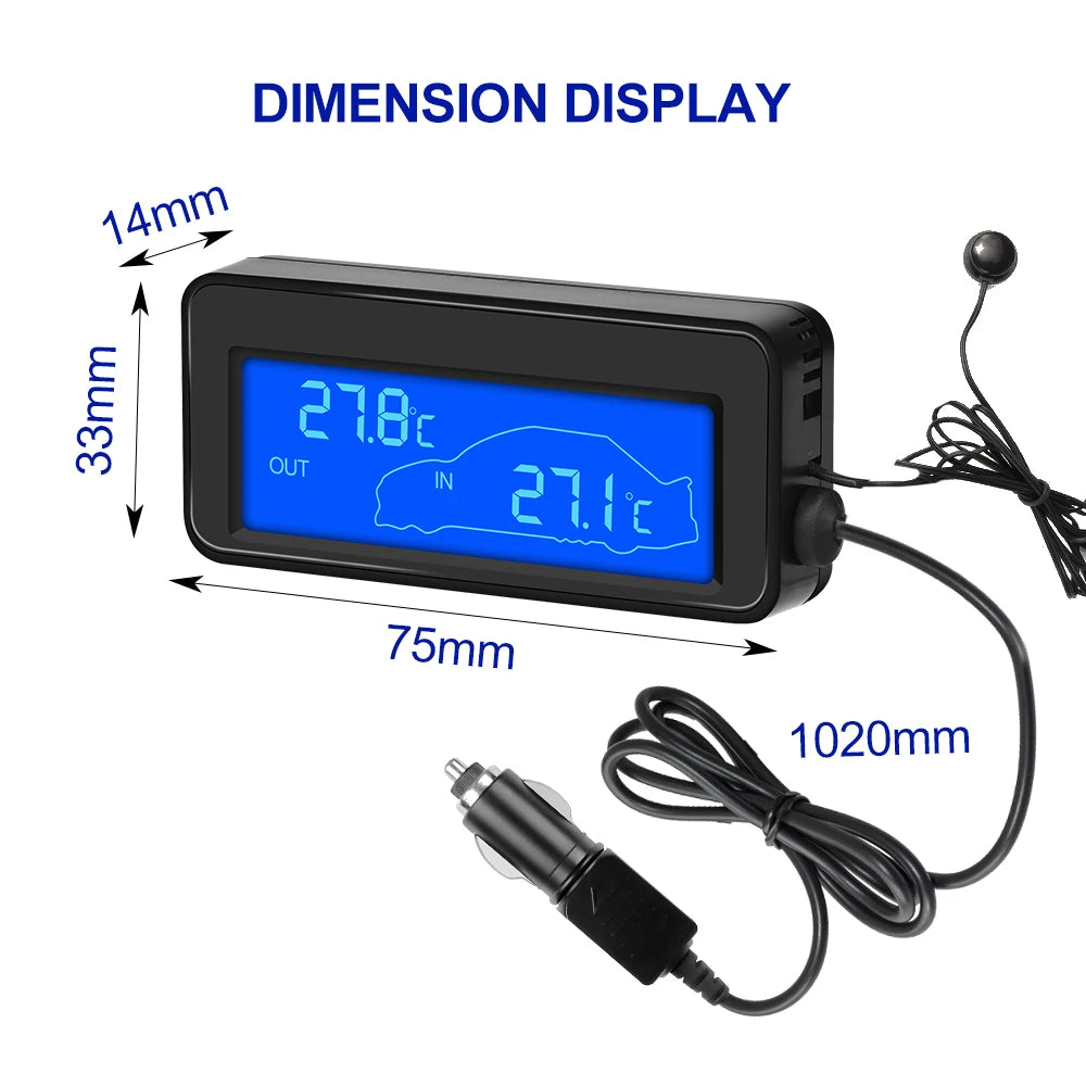 DC 12V Car Mini LCD Digital Thermometer | Dual Temperature Sensor with 1.5M Probe additional angle