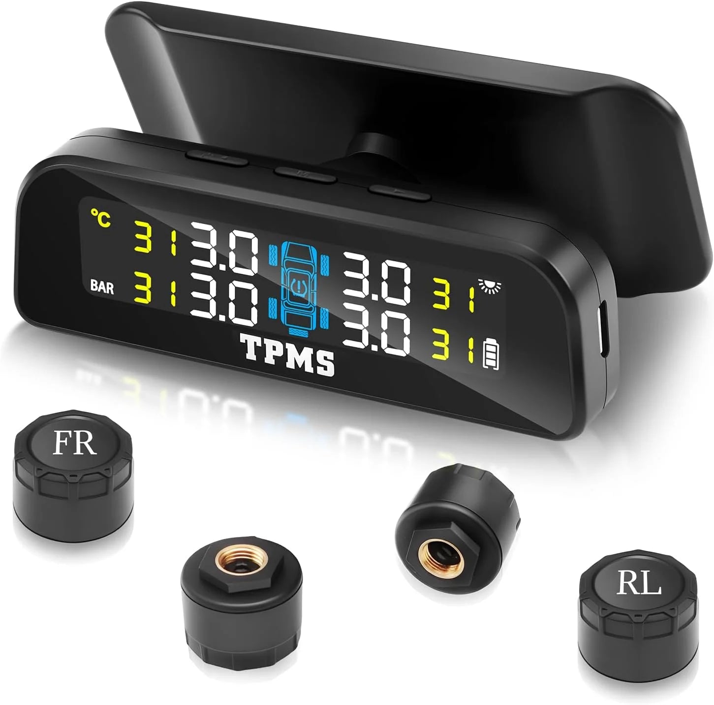 Solar Tire Pressure Monitoring System with 4 External Sensors | Real Time TPMS for Car RV SUV MPV Tr