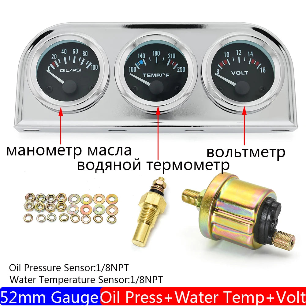 2" 52MM Triple Gauge 3 In 1 Water Temp Oil Pressure Oil Temperature Gauge | Racing additional angle