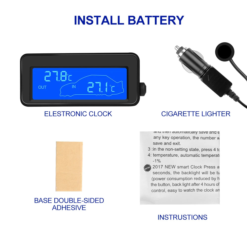 DC 12V Car Mini LCD Digital Thermometer | Dual Temperature Sensor with 1.5M Probe detail view