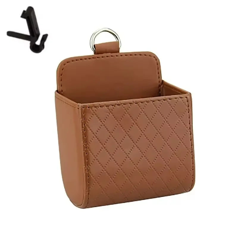 Car Air Outlet Hanging Storage Bag, Leather Dashboard Organizer for Phone, Key, Sungl lifestyle view