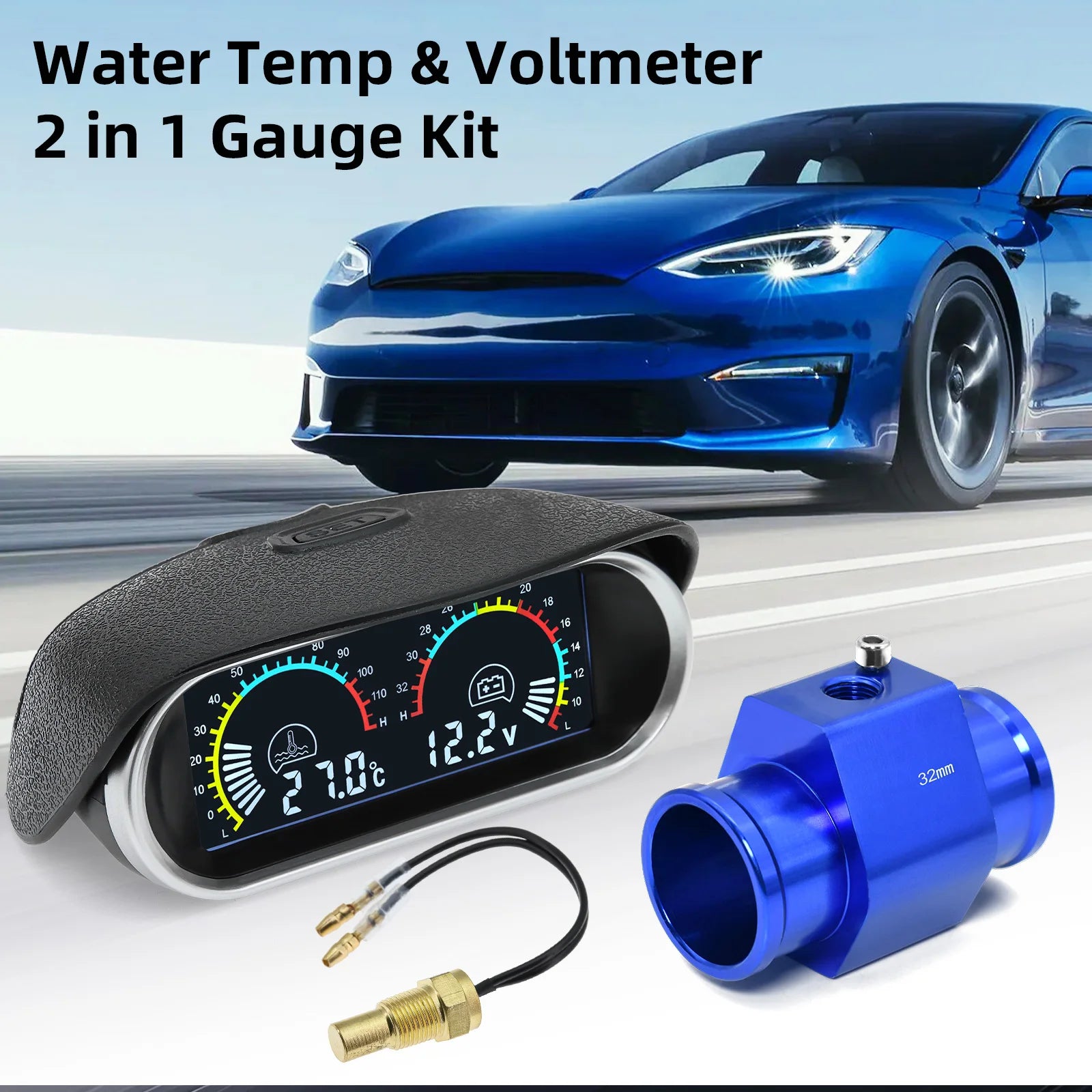 2 in 1 LCD Digital Display Voltmeter and Water Temp Gauge | Universal Car Truck Gauge with Adapter