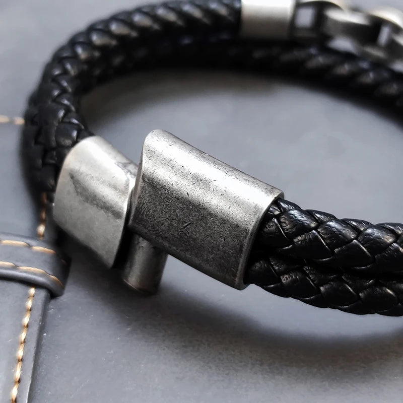 2025 Fashion Multi layered Stainless Steel Charm Viking Leather Bracelet Men's Wove additional angle