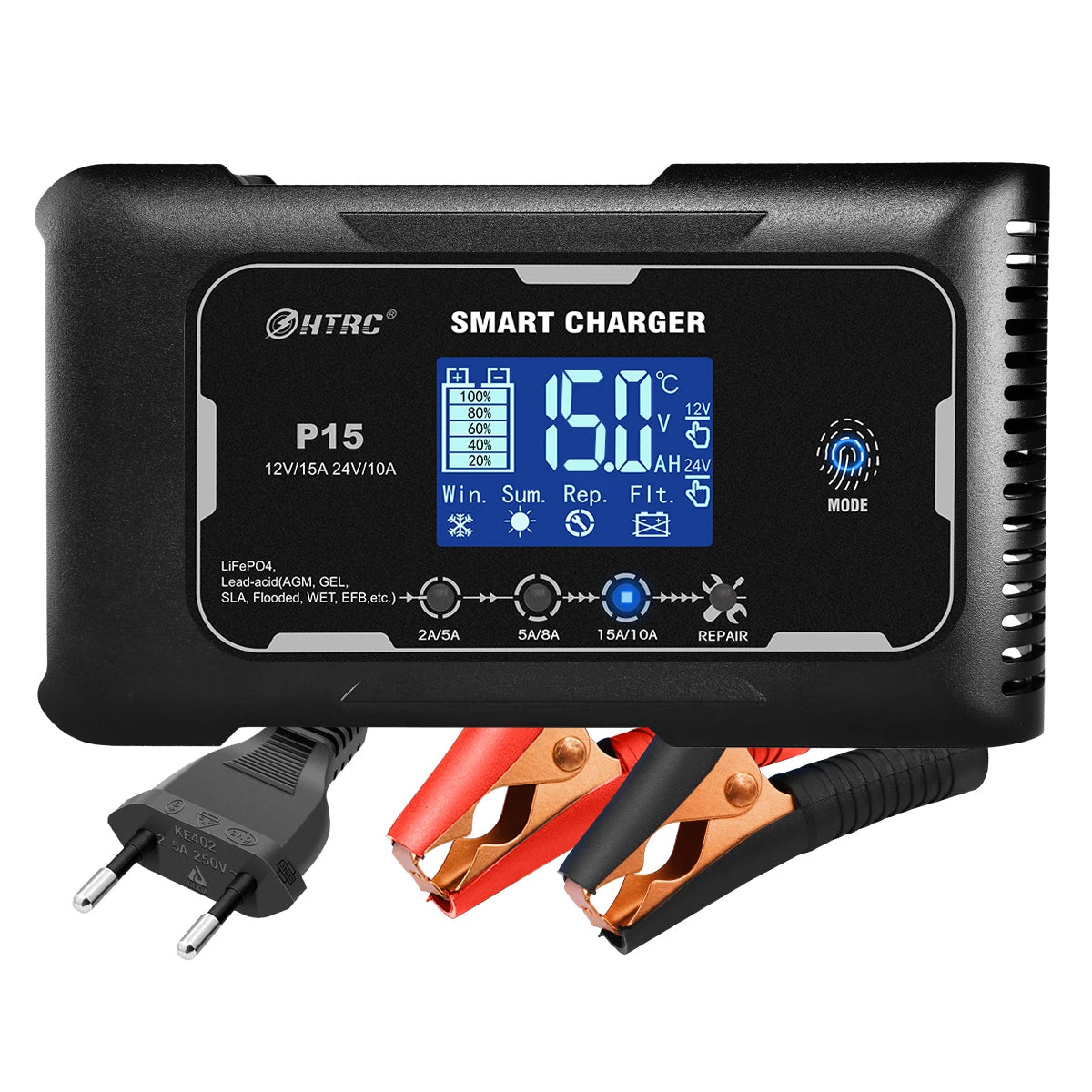 HTRC 20A/15A/10A Car Battery Charger LCD Automatic Pulse Repair Charger for Motorcycle Lead-Acid Lithium LiFePO4 AGM Wet Battery