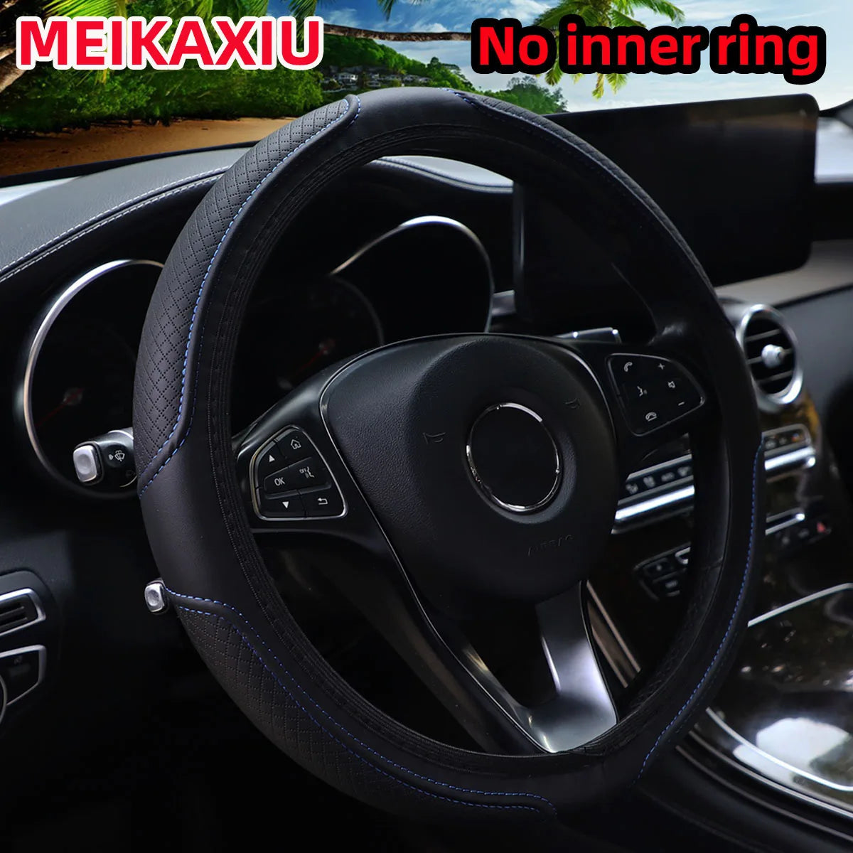 PU Leather Checkered Embossed Streamlined Car Rimless Steering Wheel Cover Suitable f alternate view