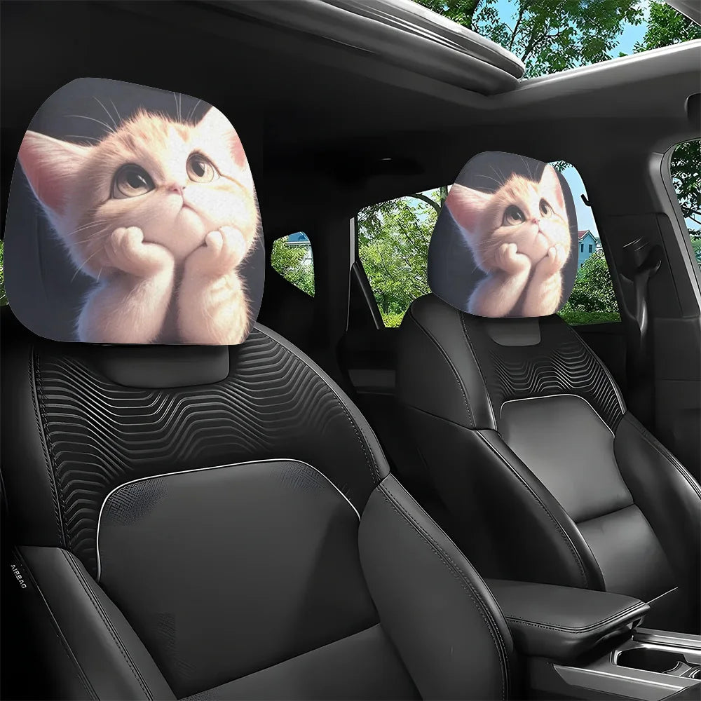Two cute cat car headrest covers, car interior accessories, daily universal, anti-oil an detail view