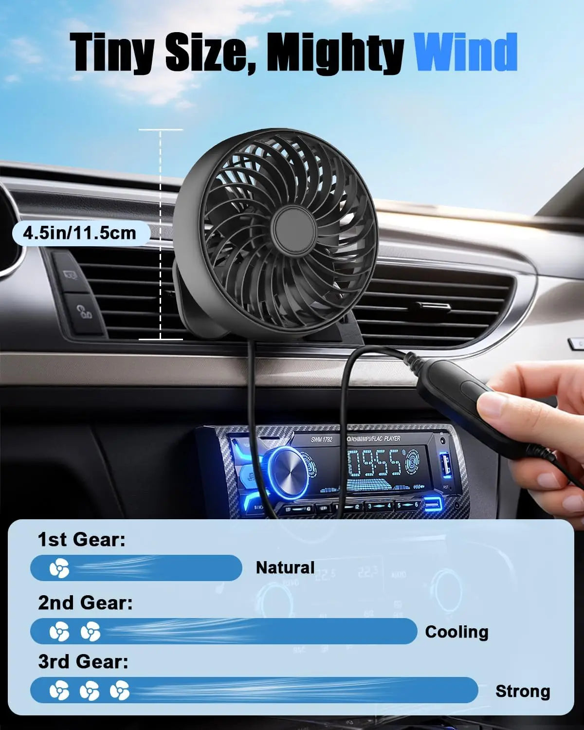 USB Car Vent Fan With Hooked Bracket: 5V/1A Portable Cooling Clip Fans For Car Air Vent Powerful 3 Speeds Quiet Brushless Motor