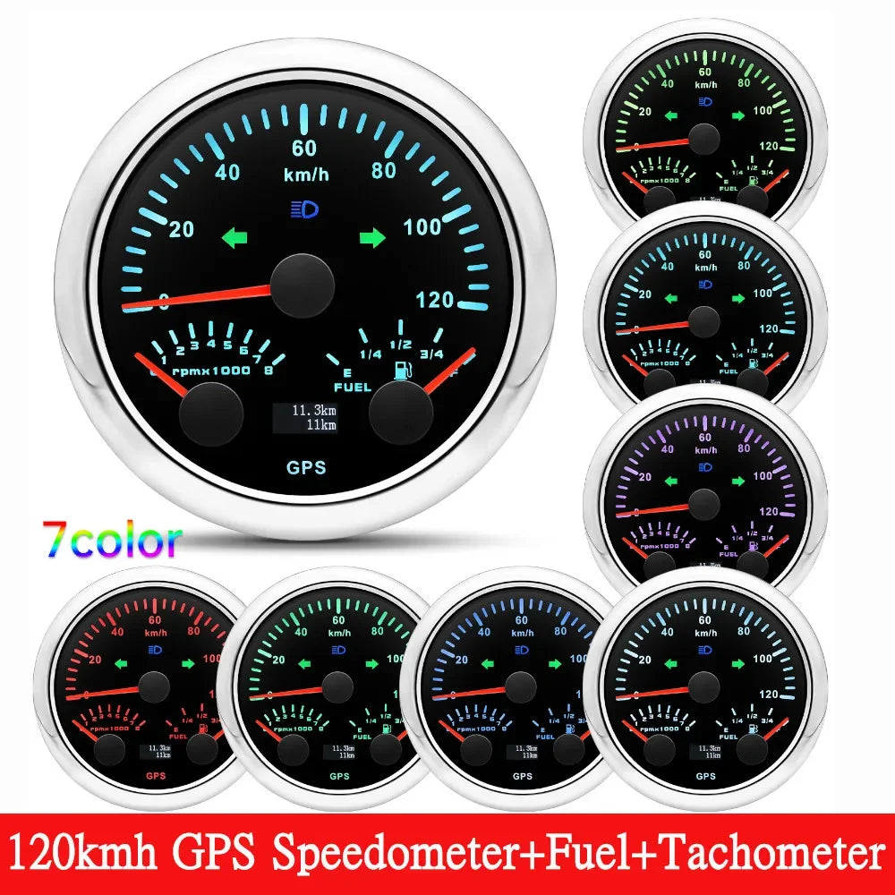 HD Customized 85MM 3 IN 1 Gauge 120kmh 120MPH GPS Speedometer Fuel Gauge Voltage Voltmeter Tachometer RPM Sesnor With Antenna