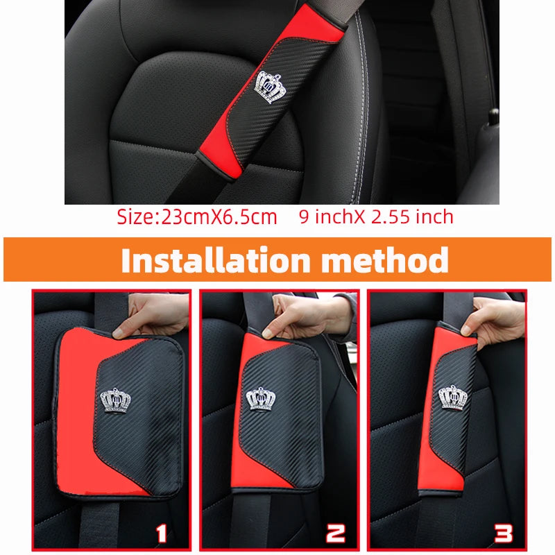 Diamond-Encrusted PU Carbon Fiber Leather Crown Car Shoulder Guard Safety Belt Decorat close-up view