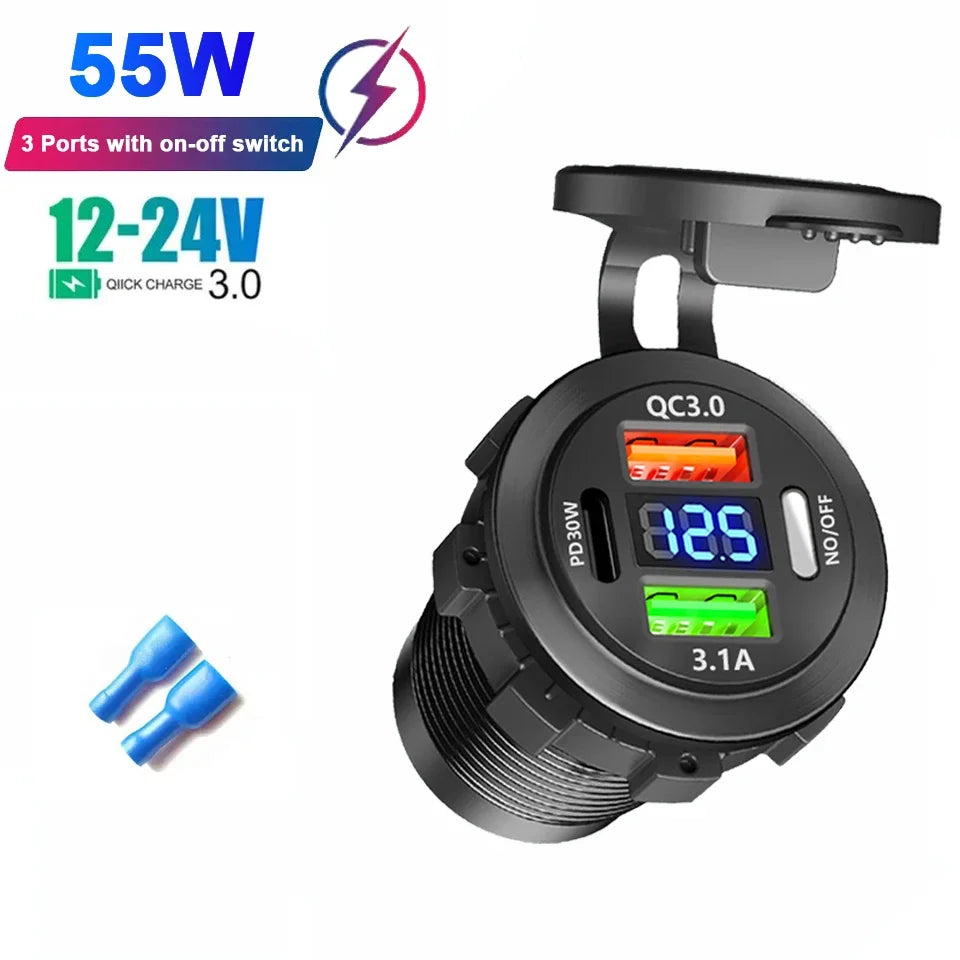New Car USB Charger PD3.0 & QC3.0 Fast Charging Socket with Voltmeter On/Off Switch 12 close-up view