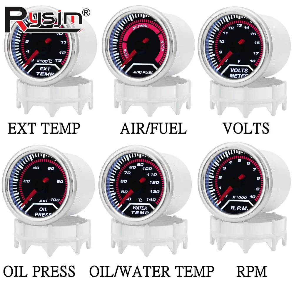 52mm 12V Car Gauge Set | Water Temp Oil Temp Oil Press Voltmeter Tachometer RPM Air Fuel Ratio Exhau