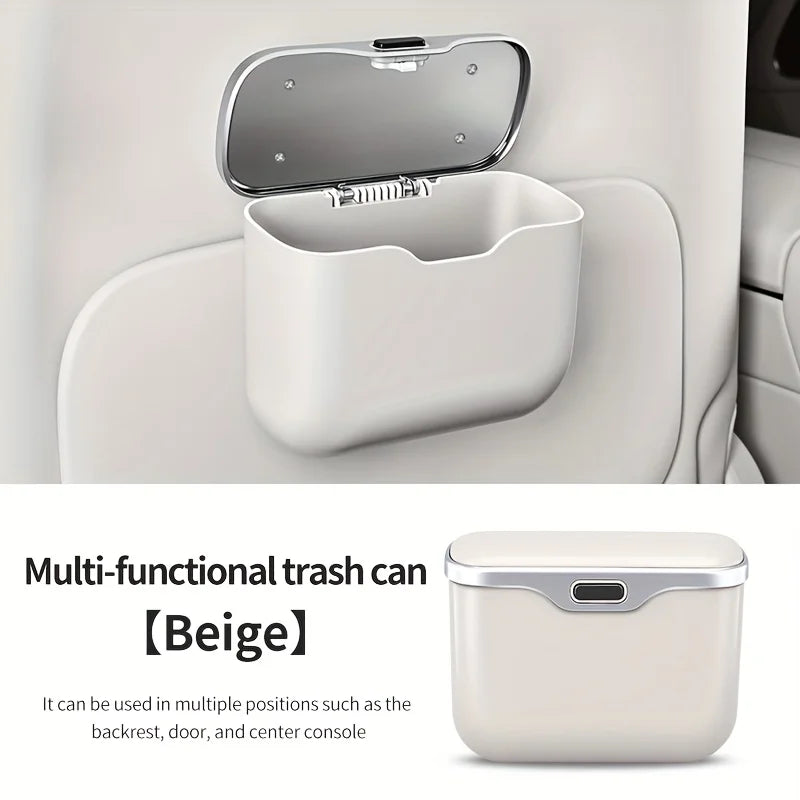 Car Trash Can with Lid Button | PU Leather Hanging Auto Interior Organizer close-up view