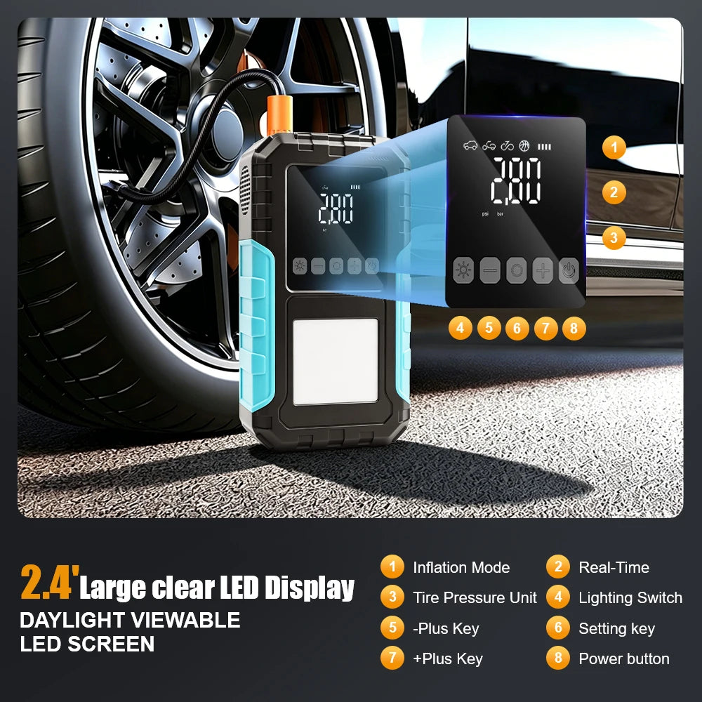 Car Jump Starter Battery Start Up Starting Power Repair Tools Tire Inflation Pump Automobile Emergency Clip For SUV RV Truck Motorcycle Universal Auto Accessories 6000mAh