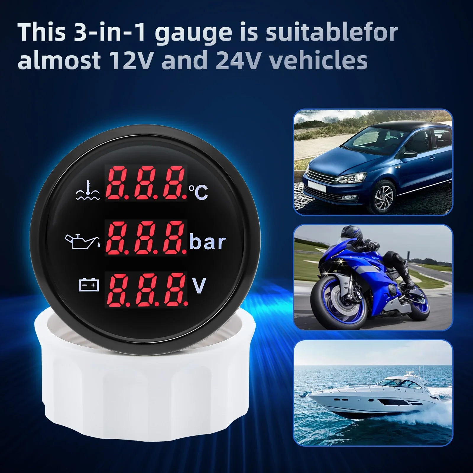 3 In 1 Digital Gauge Water Temperature Bar Oil Pressure Gauge With Alarm Voltmeter additional angle