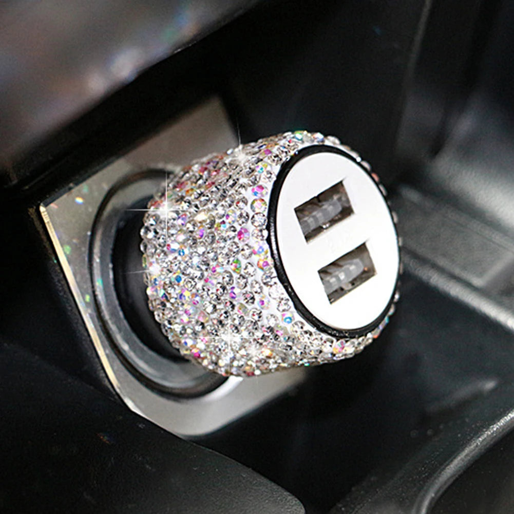 New Bling USB Car Charger 5V 2.1A Dual Port Fast Adapter Pink Car Decor Car Styling D lifestyle view