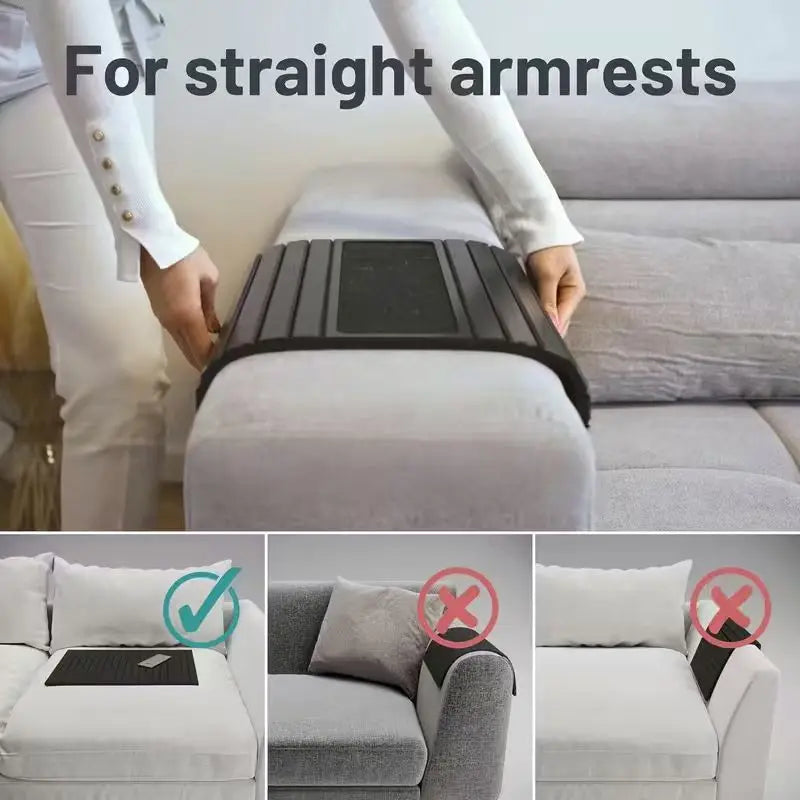 Couch Cup Holder Bamboo Wood Sofa Armrest Tray Foldable Sofa Cup Holder Anti-Slip Couc close-up view