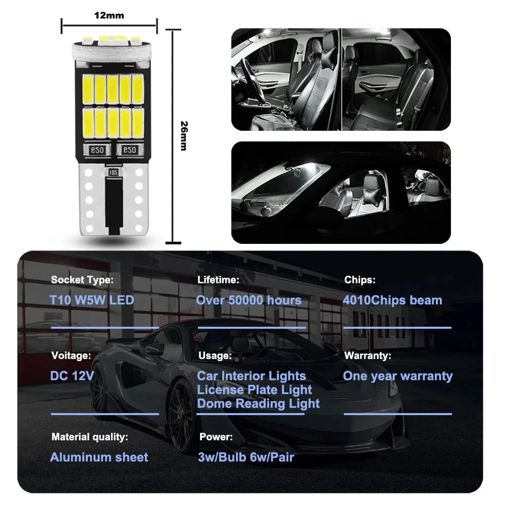 10PCS W5W T10 Led Bulbs Canbus 4014 SMD 6000K 168 194 Led 5w5 Car Interior Dome Reading detail view