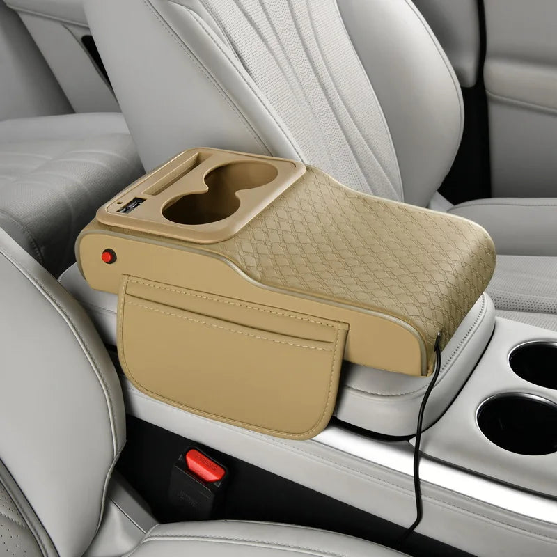 Multifunctional PU Leather Car Cup Holder Armrest Pad with Storage Pockets | Soft Comfor detail view