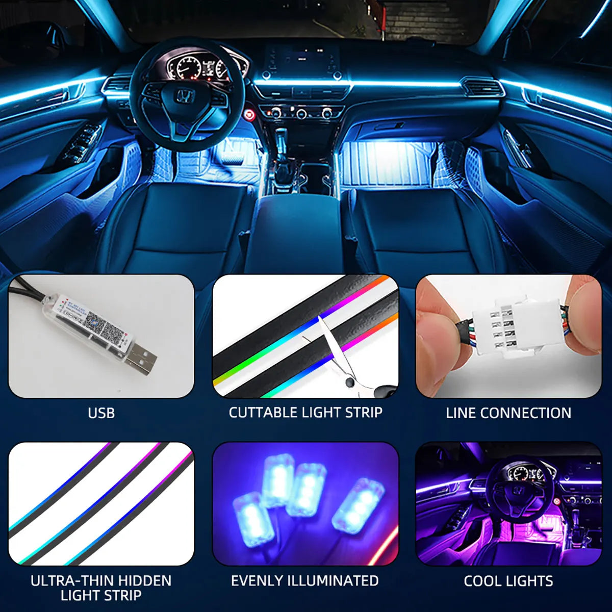 KEVANLY 10-in-1 RGB Car Ambient Light Kit | USB & APP Control, Footwell Atmosphere Lam close-up view
