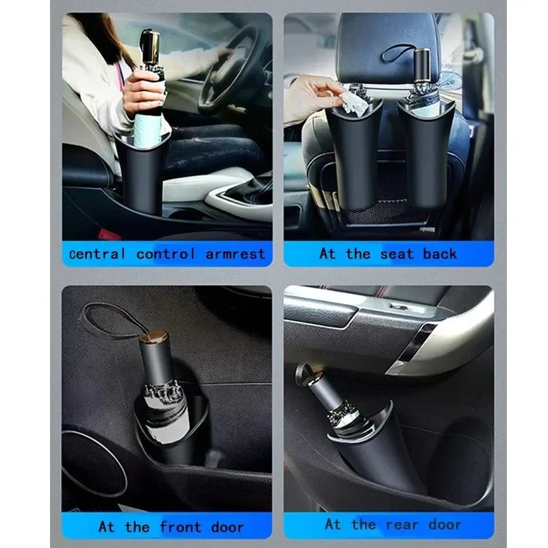 Black Plastic Car Trash Can with Hook for Umbrellas and Bottles lifestyle view