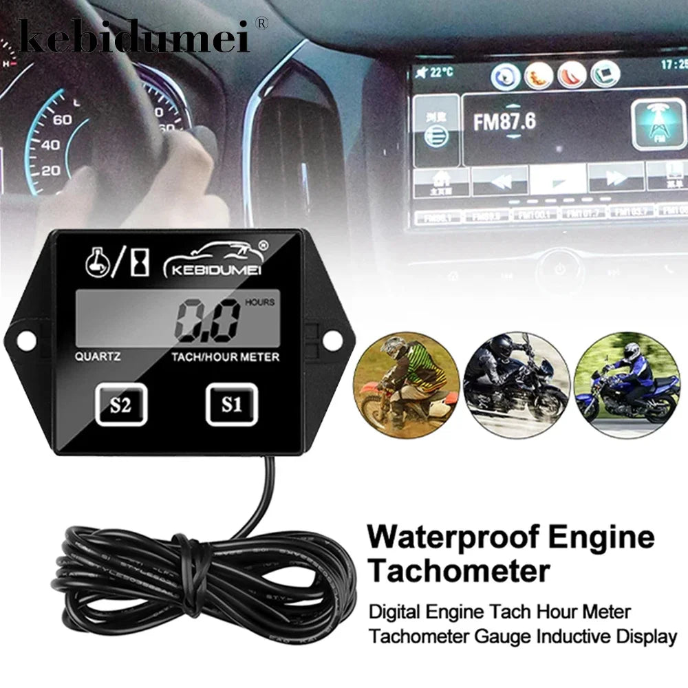 Kebidumei Motorcycle Tachometer 0-20000 RPM | IP65 Waterproof LCD Digital Gauge with Hour Meter