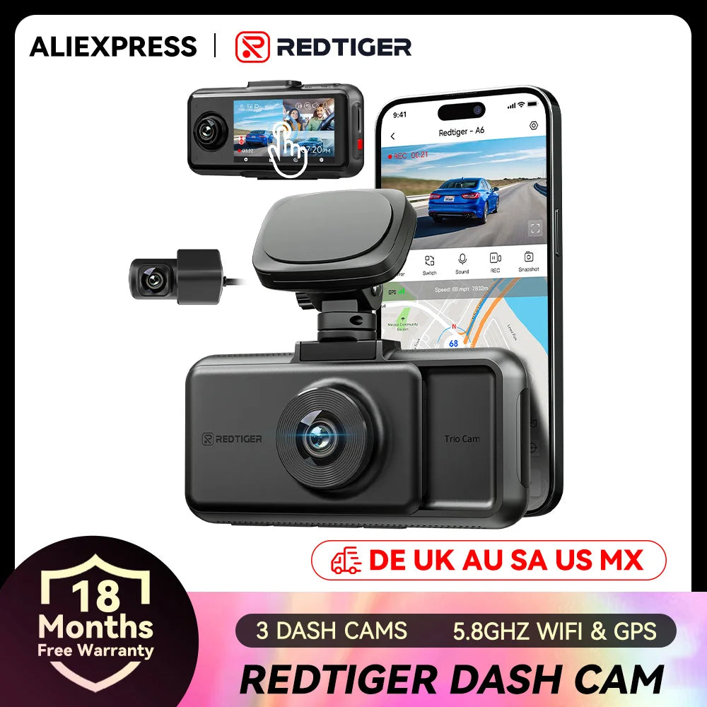 REDTIGER A6 3 Cameras Front/Cabin/Rear 4K Dash Cam | Built-in WiFi GPS Parking Monitor