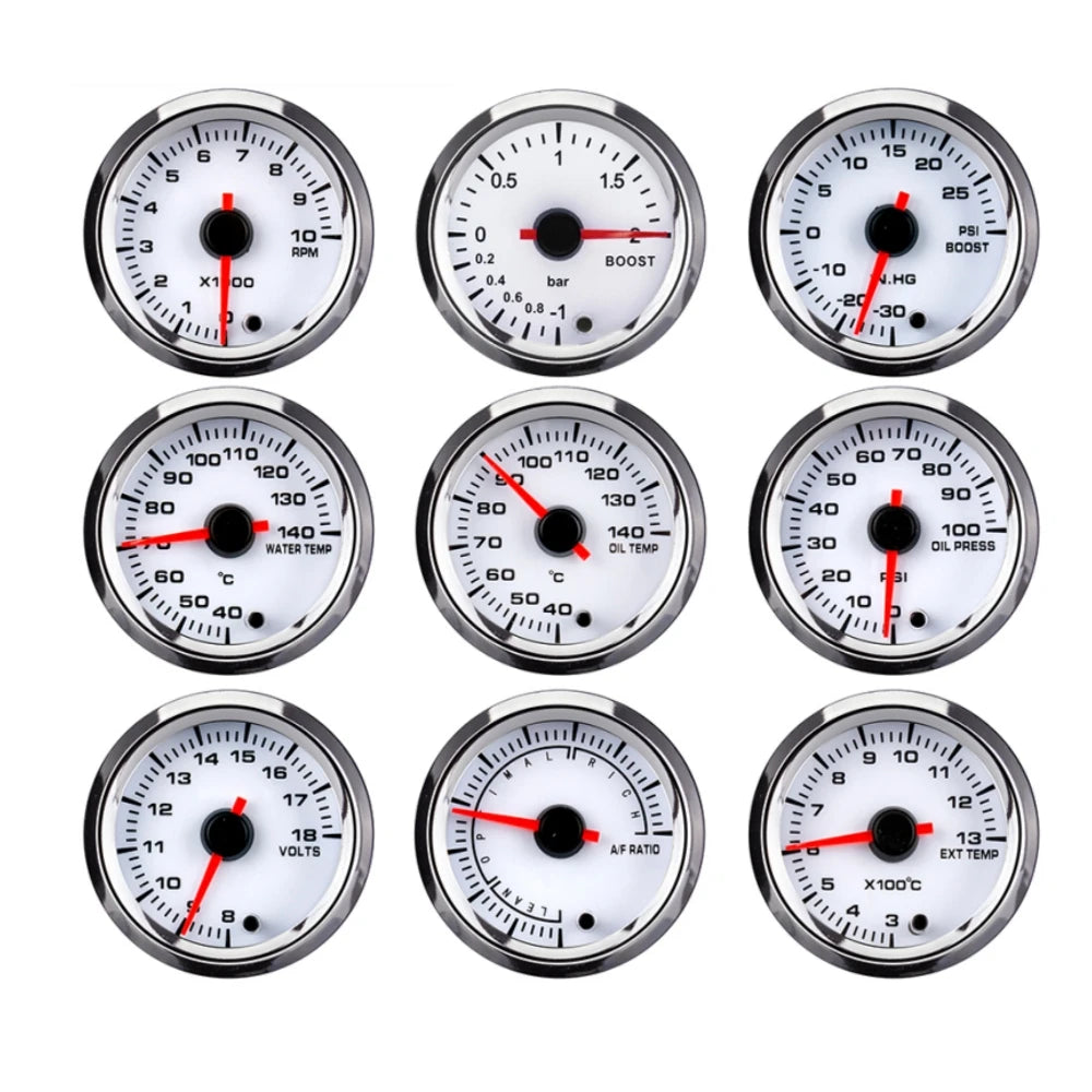 52mm 7-Color Car Gauge Set | Tachometer, Boost, Temp, Oil, Volt & Air-Fuel